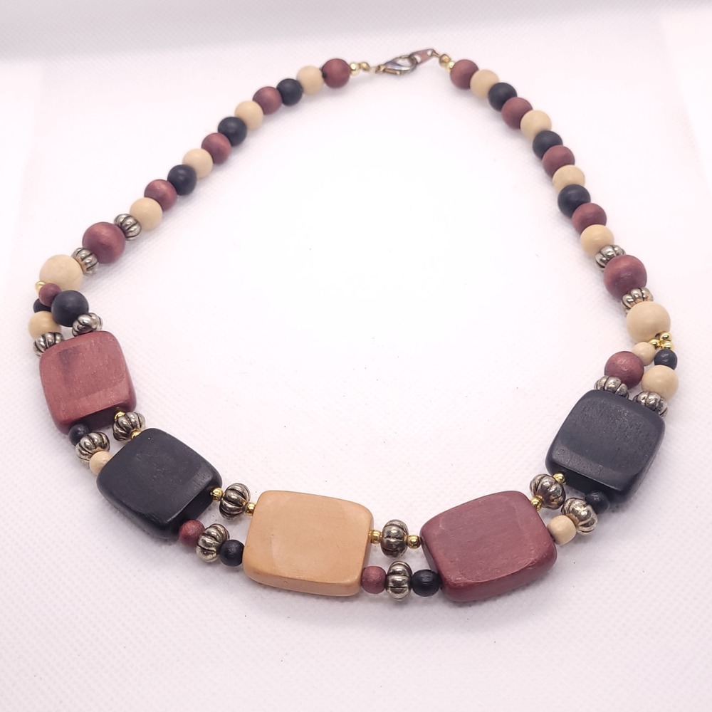 Wood Bead Necklace 16" Double Strand Square Black Burgundy Cream Statement